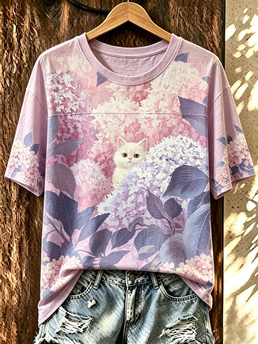 Women's Cat-Print Crew-Neck Top