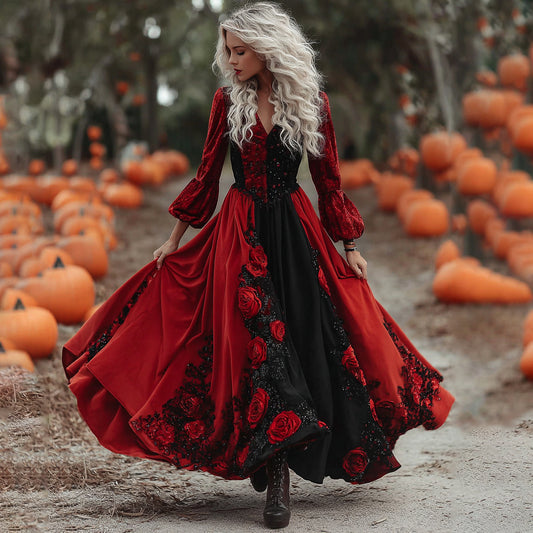 Women's  Halloween Black Roses Art Comfy Velvet Maxi Dress