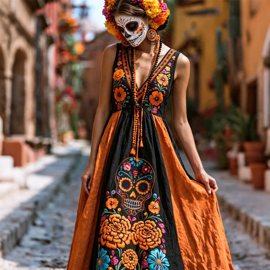 Women's Resort Retro Floral Skull Color Block Print Cotton Linen V-neck Dress