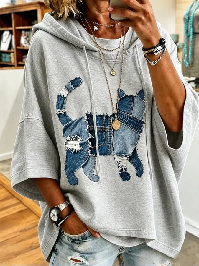 Women's Casual Cat Print Loose Hoodie