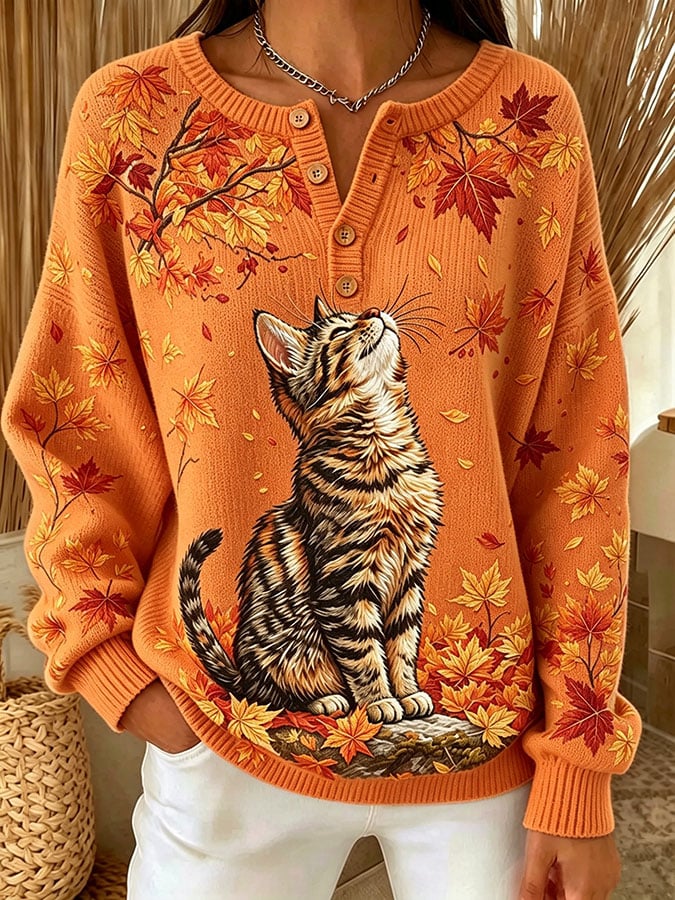 Women's Casual Print Button-Up Collar Knit Top