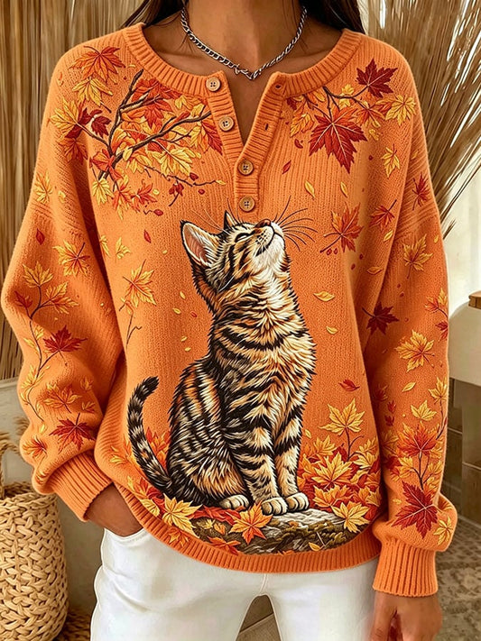 Women's Casual Print Button-Up Collar Knit Top