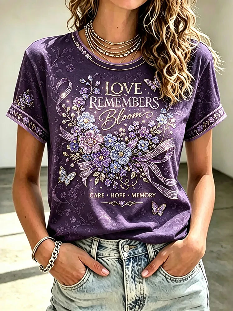 Women's Purple Flower Alzheimer's Awareness Pattern Short-sleeve Crew Neck T-shirt