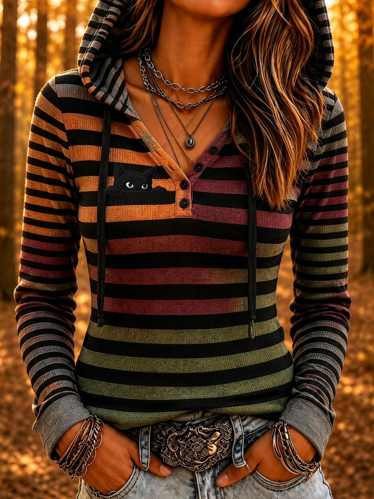 Women's Mysterious Black Cat Print Hooded Top