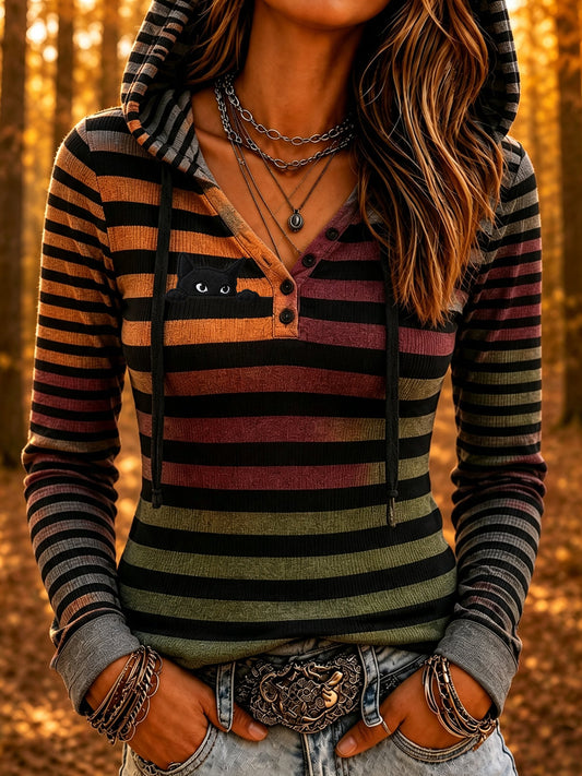 Women's Mysterious Black Cat Print Hooded Top
