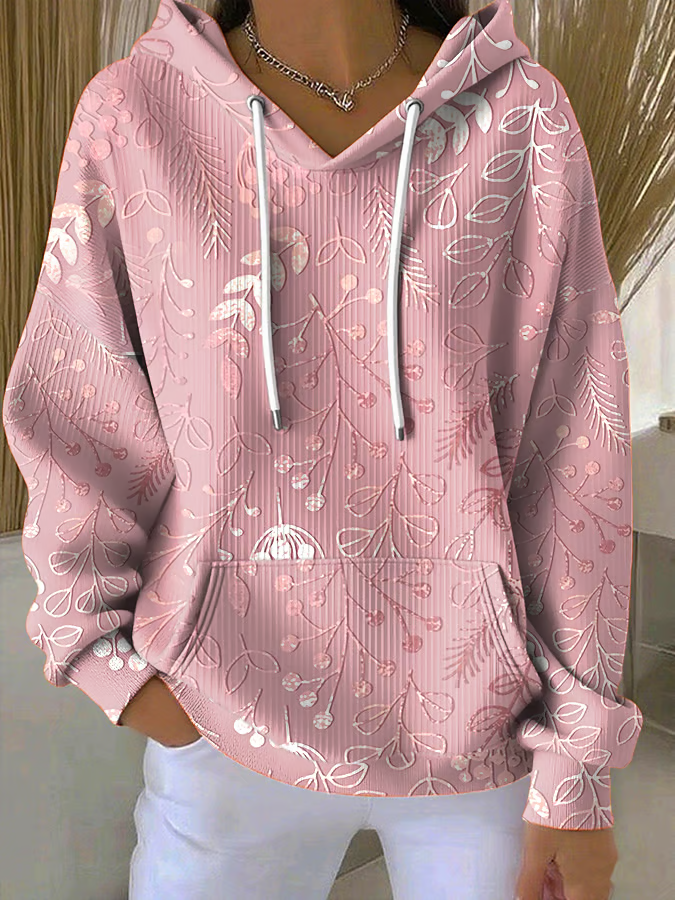 Women'S Breast Cancer Awareness Flowers  Printed Casual Hoodie