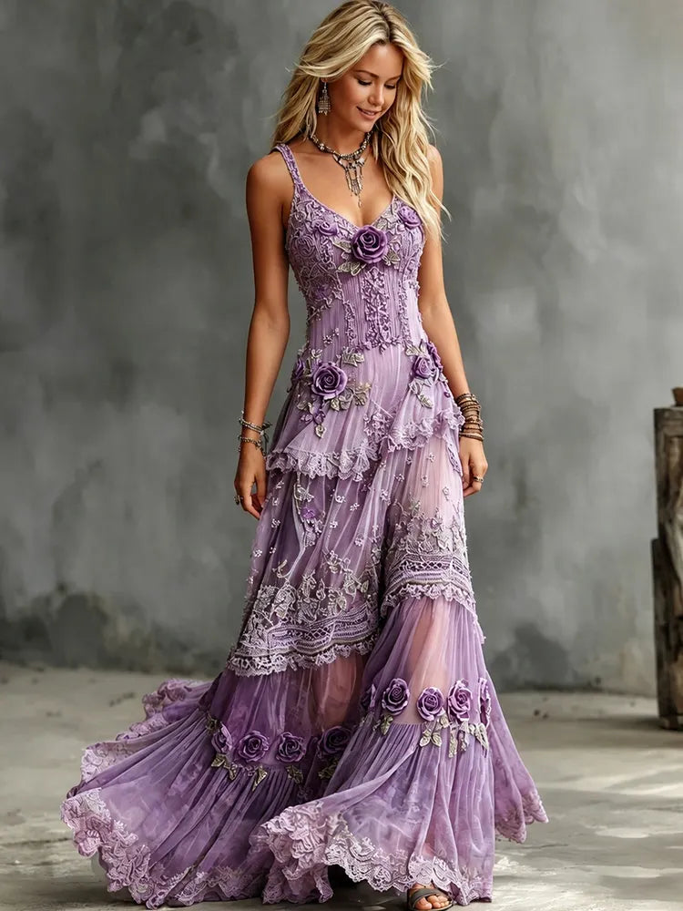 Women's Vintage Rose Embroidered Art V-neck Cami Maxi Dress