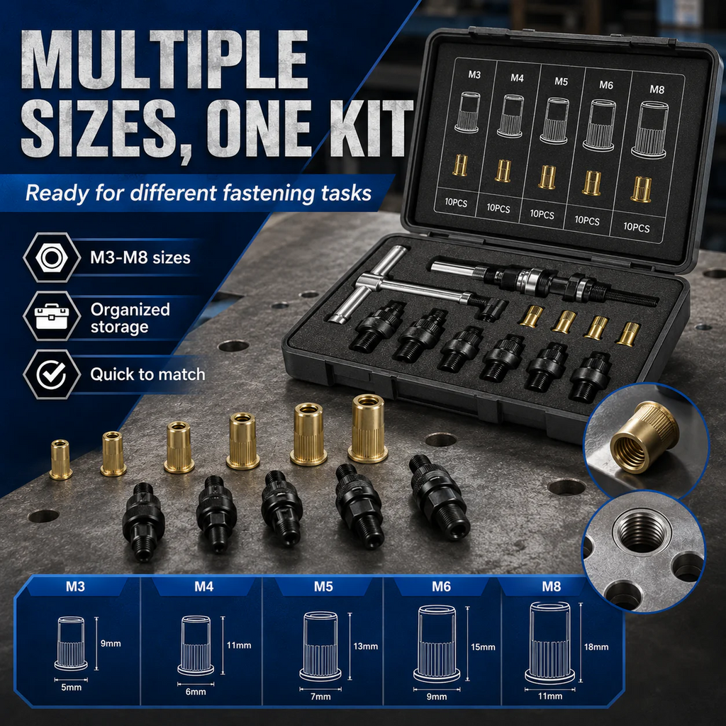 🔩 Carbon Steel Rivet Nut Set (M3-M8 Sizes) – Strong Threaded Inserts for DIY & Repairs