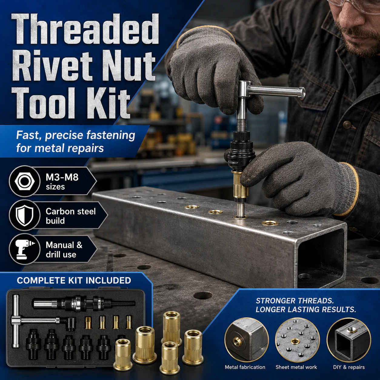 🔩 Carbon Steel Rivet Nut Set (M3-M8 Sizes) – Strong Threaded Inserts for DIY & Repairs