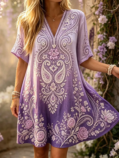 Women's Purple Gradient V-neck Short Sleeve Kaftan Dress With Mandala And Floral Embroidery
