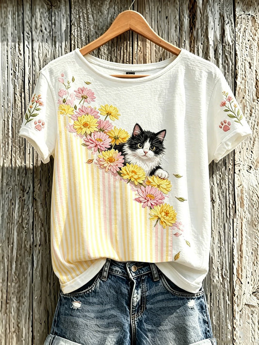 Women's Cute Cat Cotton Linen T-shirt