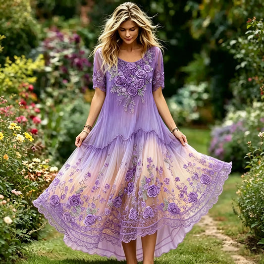 Women's Retro Purple Floral Art Cotton Linen Casual Dress