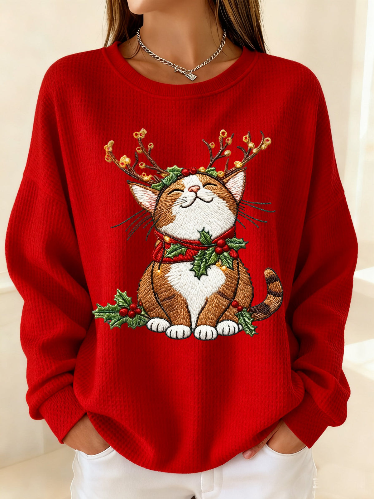Women's Winter Christmas Cat Print Crew Neck Waffle Top