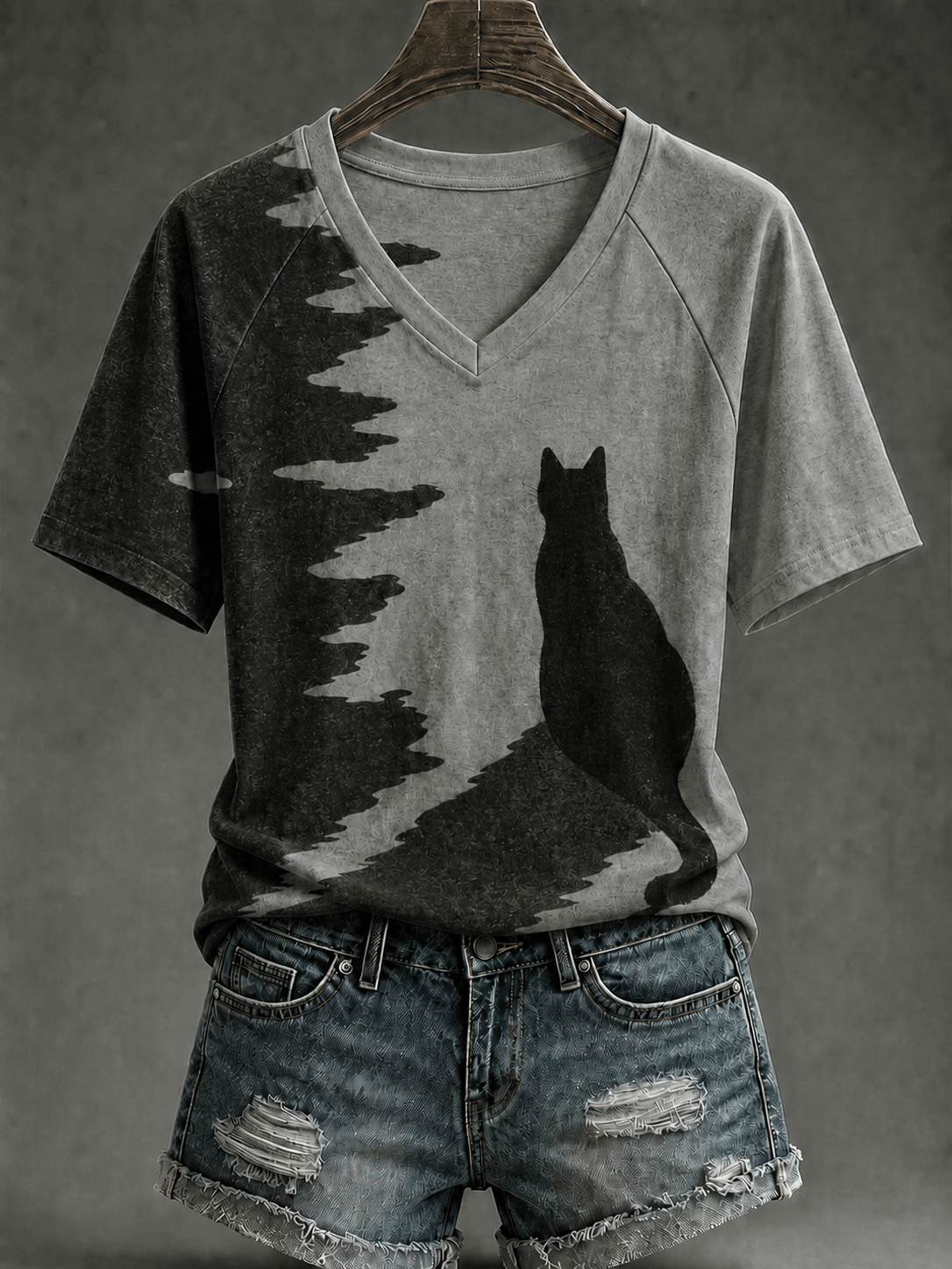 Women's Retro Black Cat Print V-Neck Top