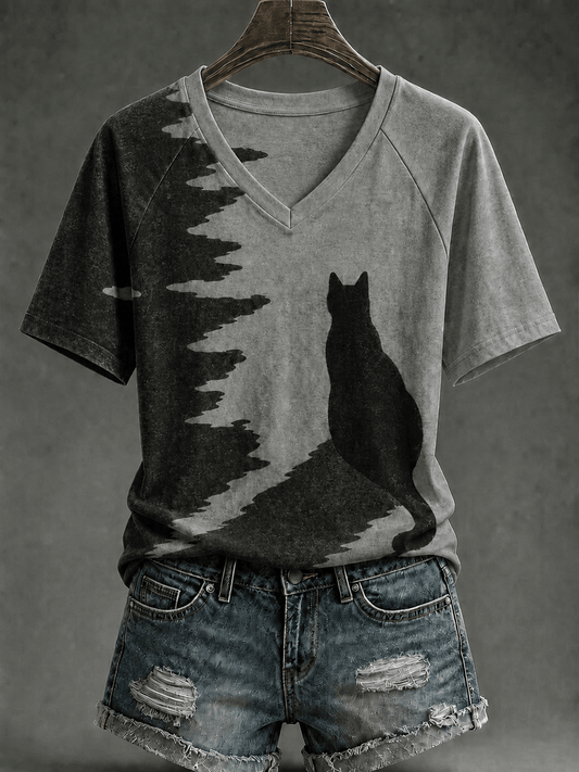 Women's Retro Black Cat Print V-Neck Top