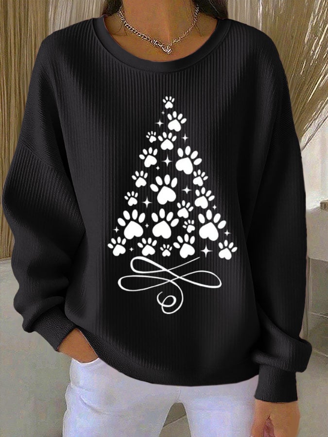 Women's Christmas Cat Print Knit Crew Neck Long Sleeve Top
