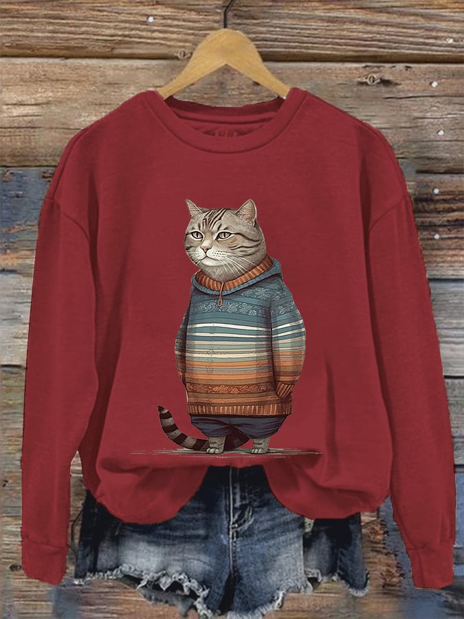 Women's Winter Cat Print Crew Neck Sweatshirt