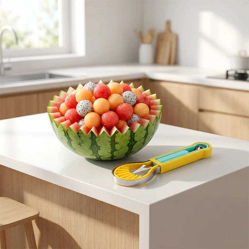 ✨ Elevate Your Fruit Creations with This 3-in-1 Melon Baller & Carving Tool Set
