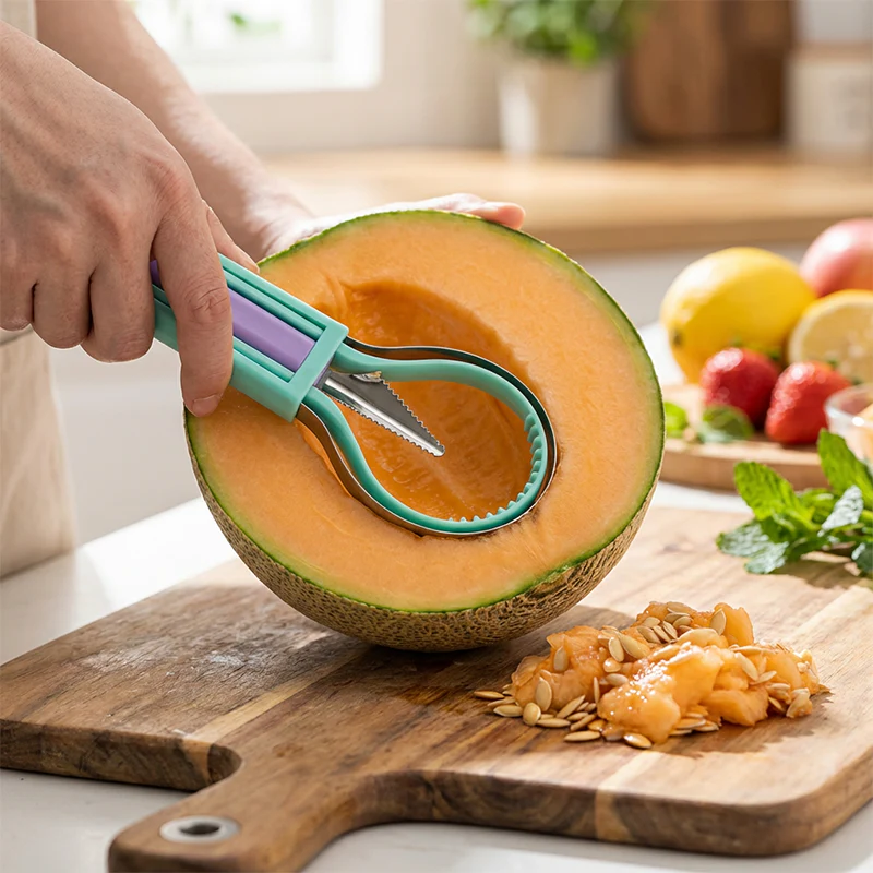 ✨ Elevate Your Fruit Creations with This 3-in-1 Melon Baller & Carving Tool Set