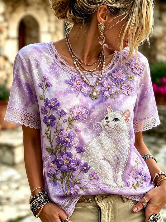Women's Vintage Cute Cat And Flower Art Pattern Crew Neck Short Sleeve T-shirt
