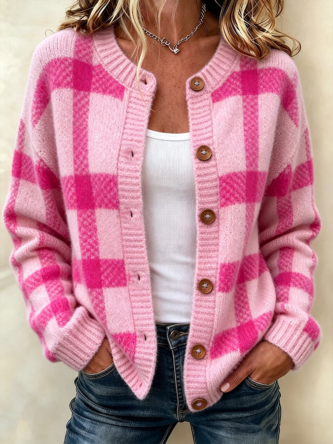 Ladies' Casual Pink Paid  Print Knitted Cardigan Top