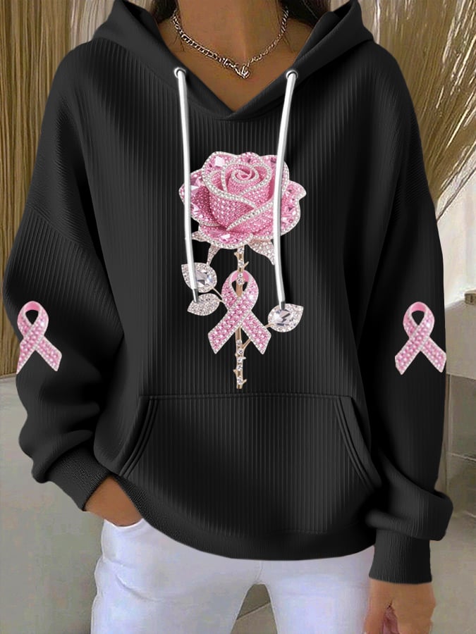 Women's Breast Cancer Awareness Roses Print Casual Sweatshirt