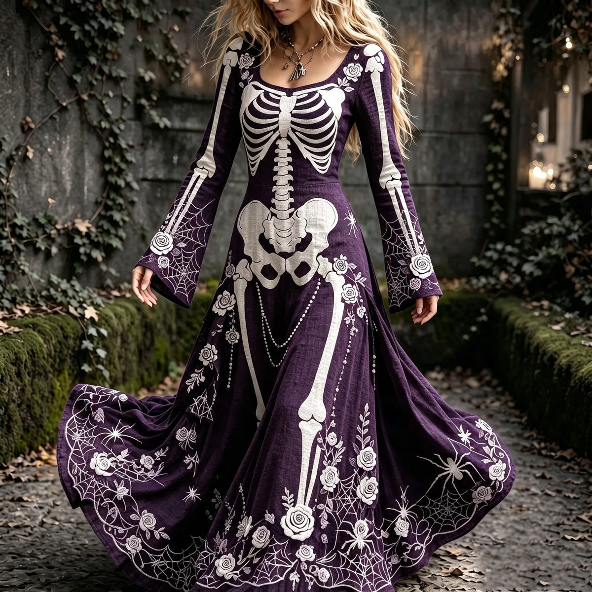 Women's Retro Gothic Spider Skull Floral Pattern Mixi Halloween Dress