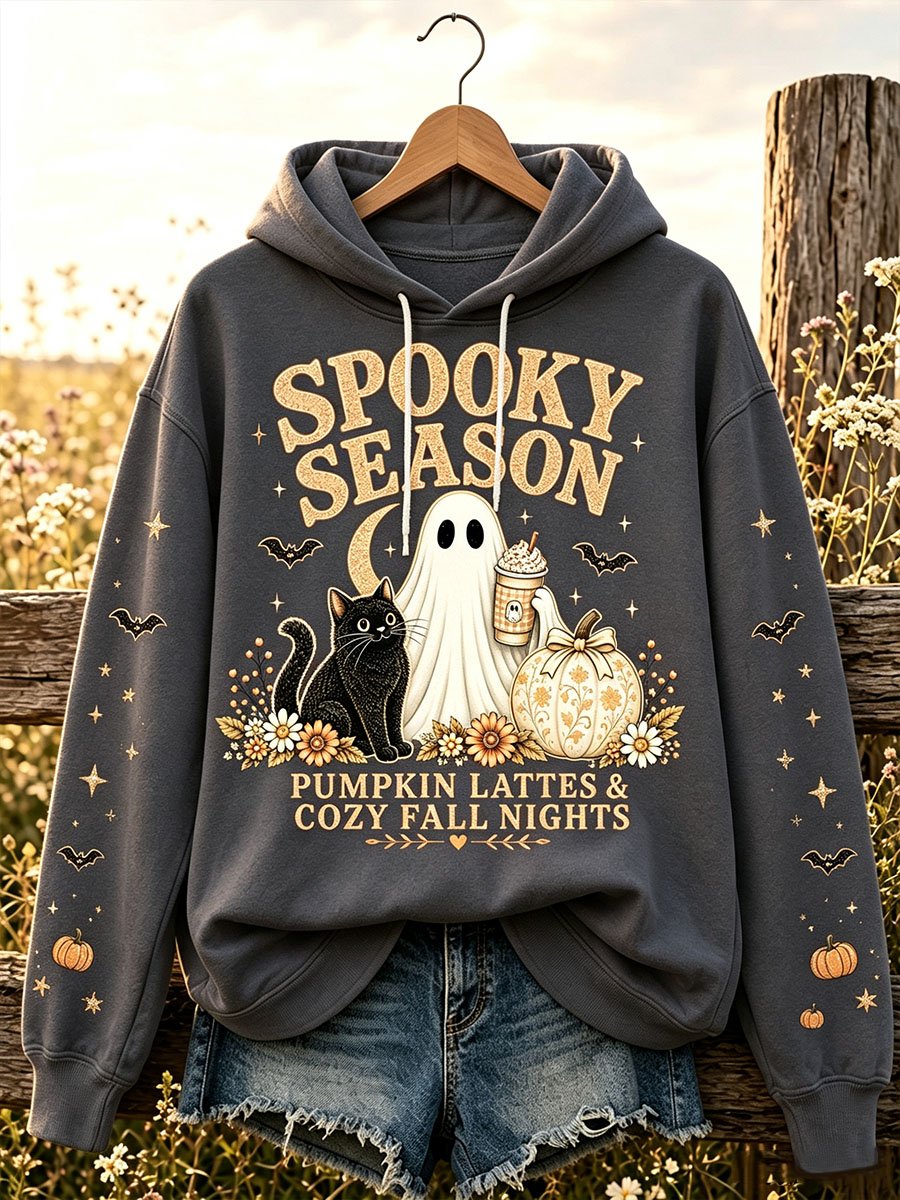 Women's Halloween Ghost Black Cat Pumpkin Hooded Sweatshirt