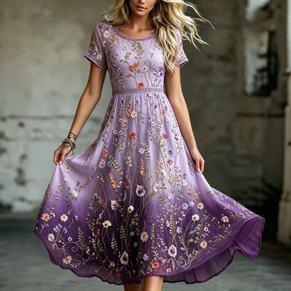 Women's Retro Wildflowers Pattern Gradient Art Flowy Crew Neck Maxi Dress