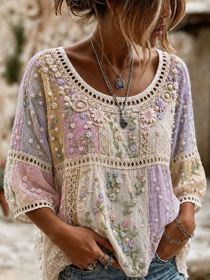 Women's Vintage Floral Embroidered Patchwork Art Crew Neck Linen Blend T-shirt