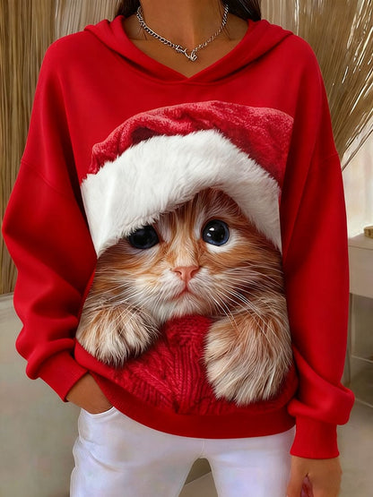 Women's Casual Cat Print Hooded Sweatshirt