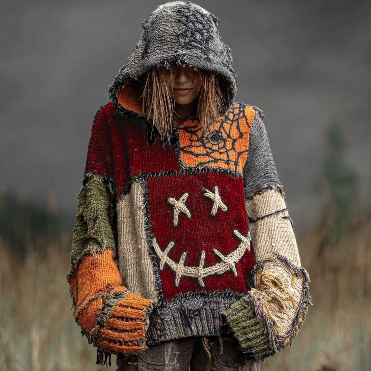 Halloween Spooky Face And Spider Web Patchwork Design Cozy Knit Hooded