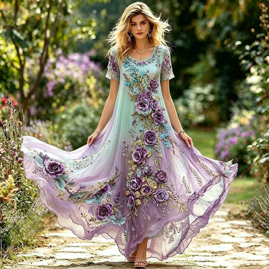 Women's Retro Floral Embroidery Gradient Pattern Round Neck Long Dress