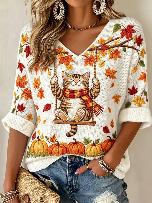 Women's Autumn Cat Print Waffle Casual T-Shirt