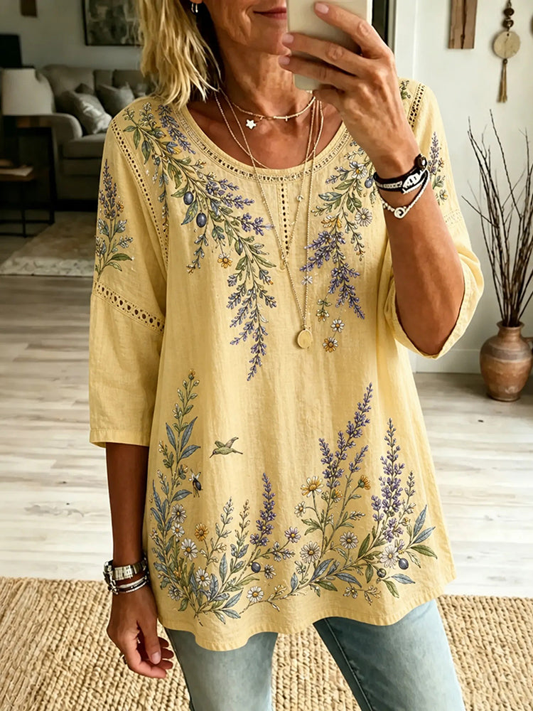 Women's Retro Boho Floral Embroidered Art Cotton Linen Crew Neck T-shirt