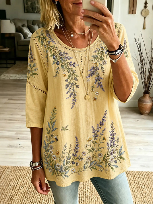 Women's Retro Boho Floral Embroidered Art Cotton Linen Crew Neck T-shirt