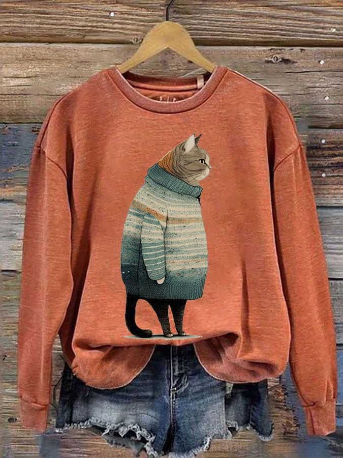 Women's Winter Cat Print Crew Neck Sweatshirt