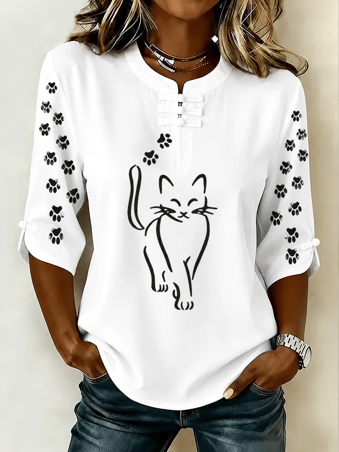 Women's Cute Cat Print Button-Up Top