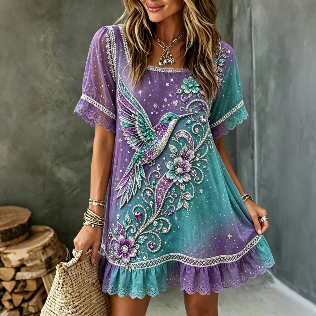 Women's Purple Floral & Hummingbird Print Alzheimer's Awareness Casual  Mini Dress