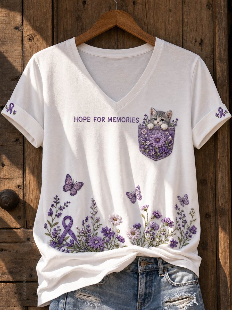 Women's Alzheimer's Awareness Floral Cat Print V-Neck T-Shirt