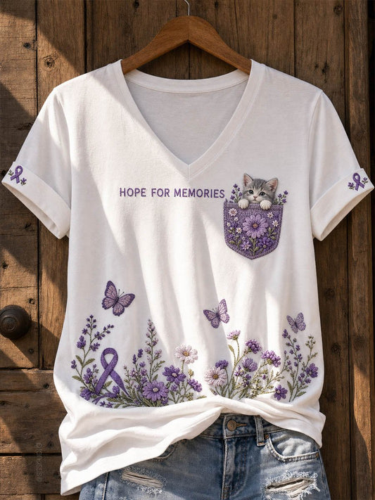 Women's Alzheimer's Awareness Floral Cat Print V-Neck T-Shirt