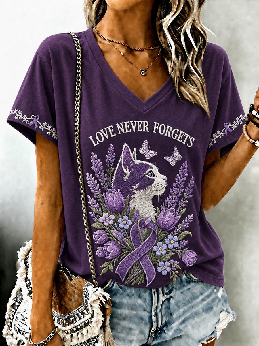 Women's Alzheimer's Awareness Floral Cat Print V-Neck T-Shirt