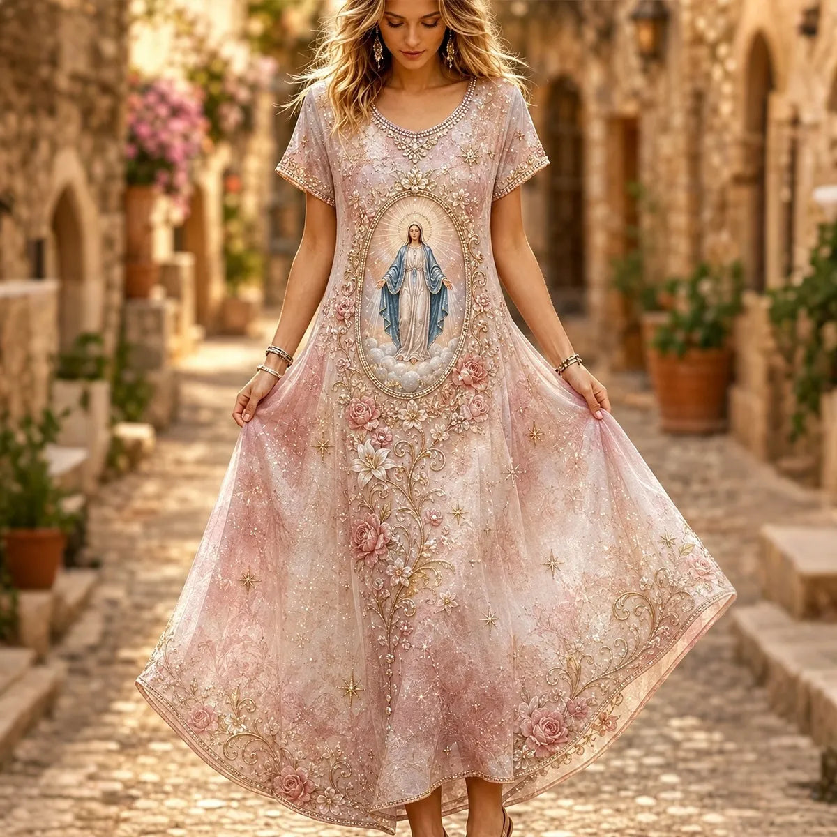 Women's Assumption Of Mary Faith Breast Cancer Awareness Printed Maxi Dress
