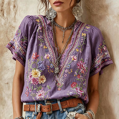 Vintage Classy Gradient Purple Floral Art Linen Blend Loose Shirt
