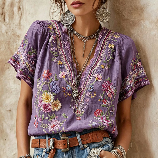 Vintage Classy Gradient Purple Floral Art Linen Blend Loose Shirt