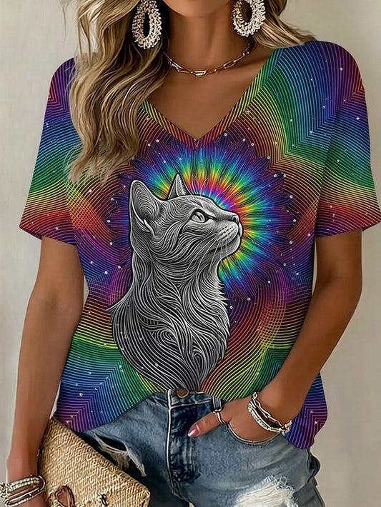 Women's Rainbow Cat Print V-Neck T-shirt