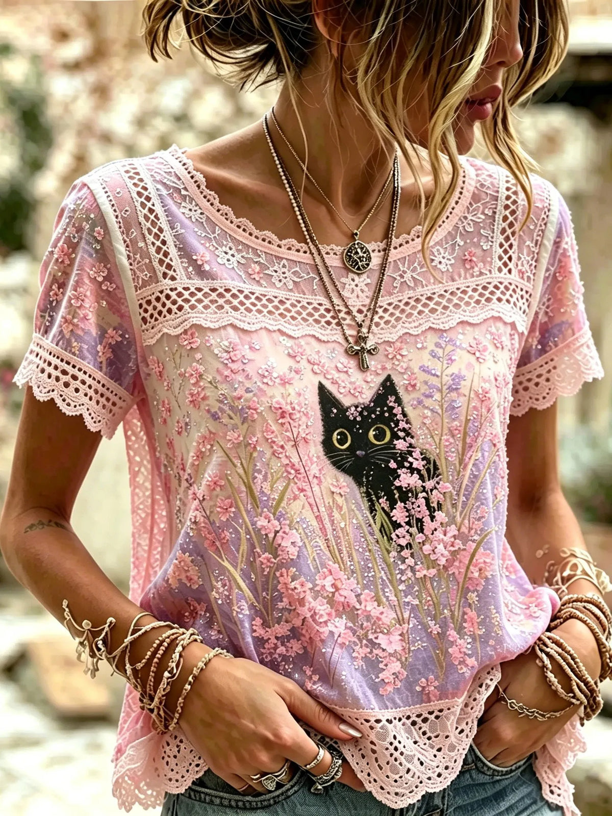 Women's Vintage Bohemian Floral And Cat Print Top