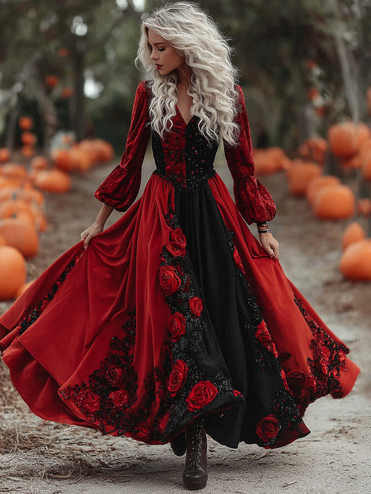 Women's  Halloween Black Roses Art Comfy Velvet Maxi Dress