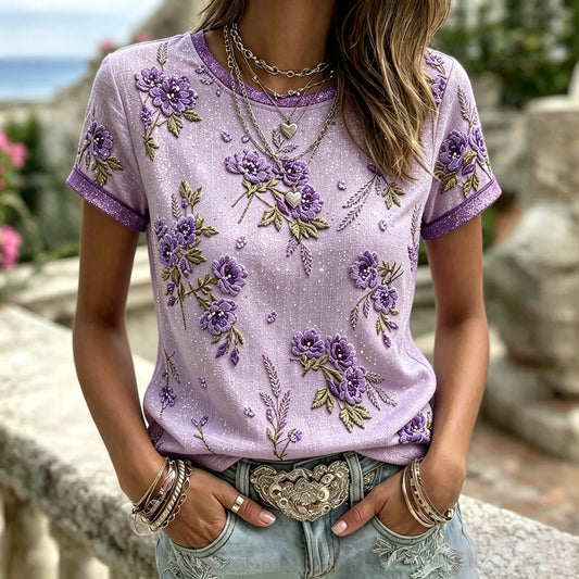Women's Vintage Floral Embroidery Art Pattern Crew Neck Short Sleeve T-shirt