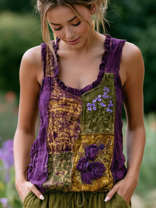 Women's Vintage Rose And Forget-me-not Floral Pattern Casual Cotton And Linen Vest